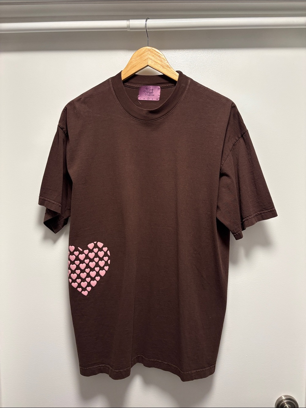 No Free Coffee NFC Brown Short Sleeve Tee with Pink Hearts